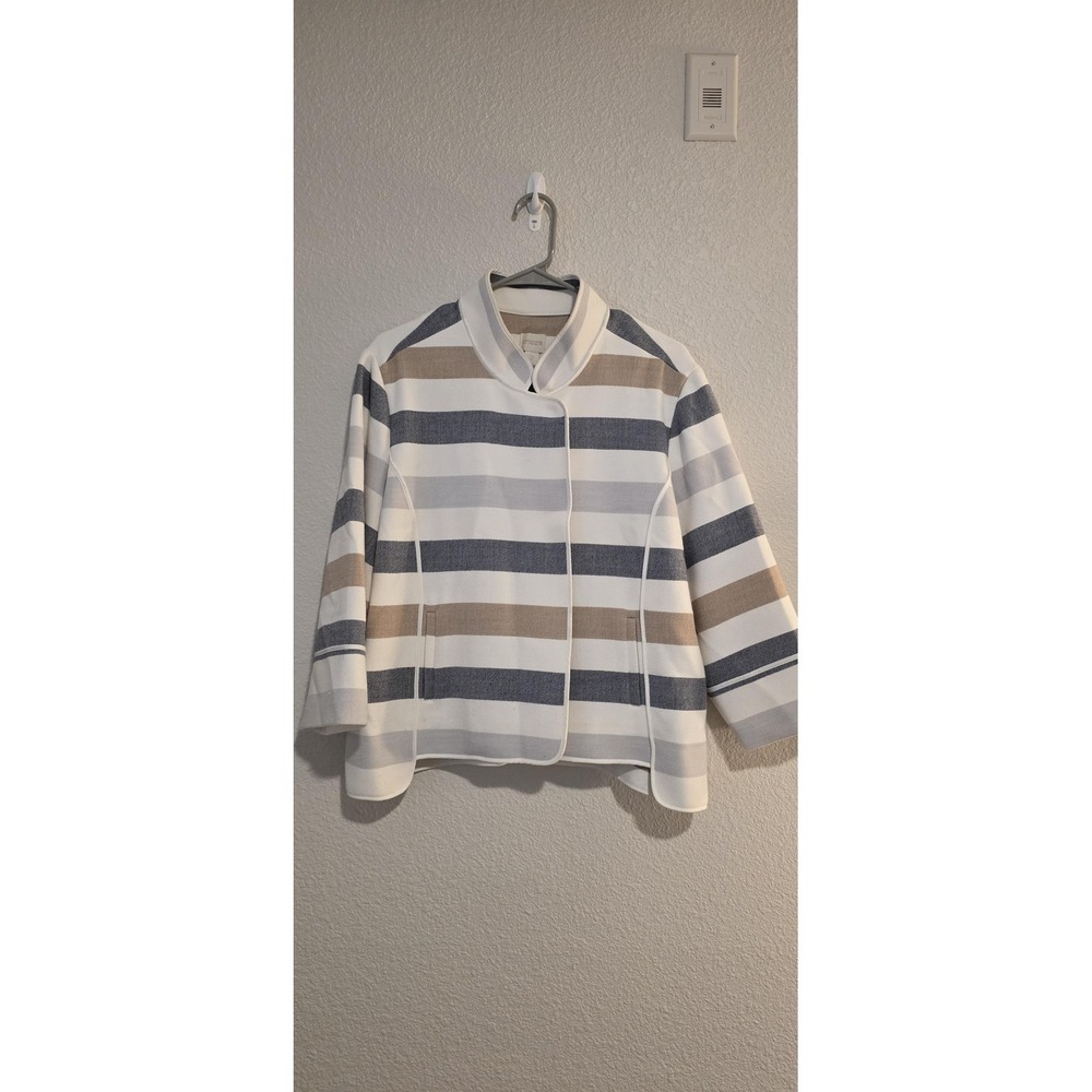 Chico's Jacket Womens 2 White Striped Open Front Stand Collar 3/4 Sleeve Lined